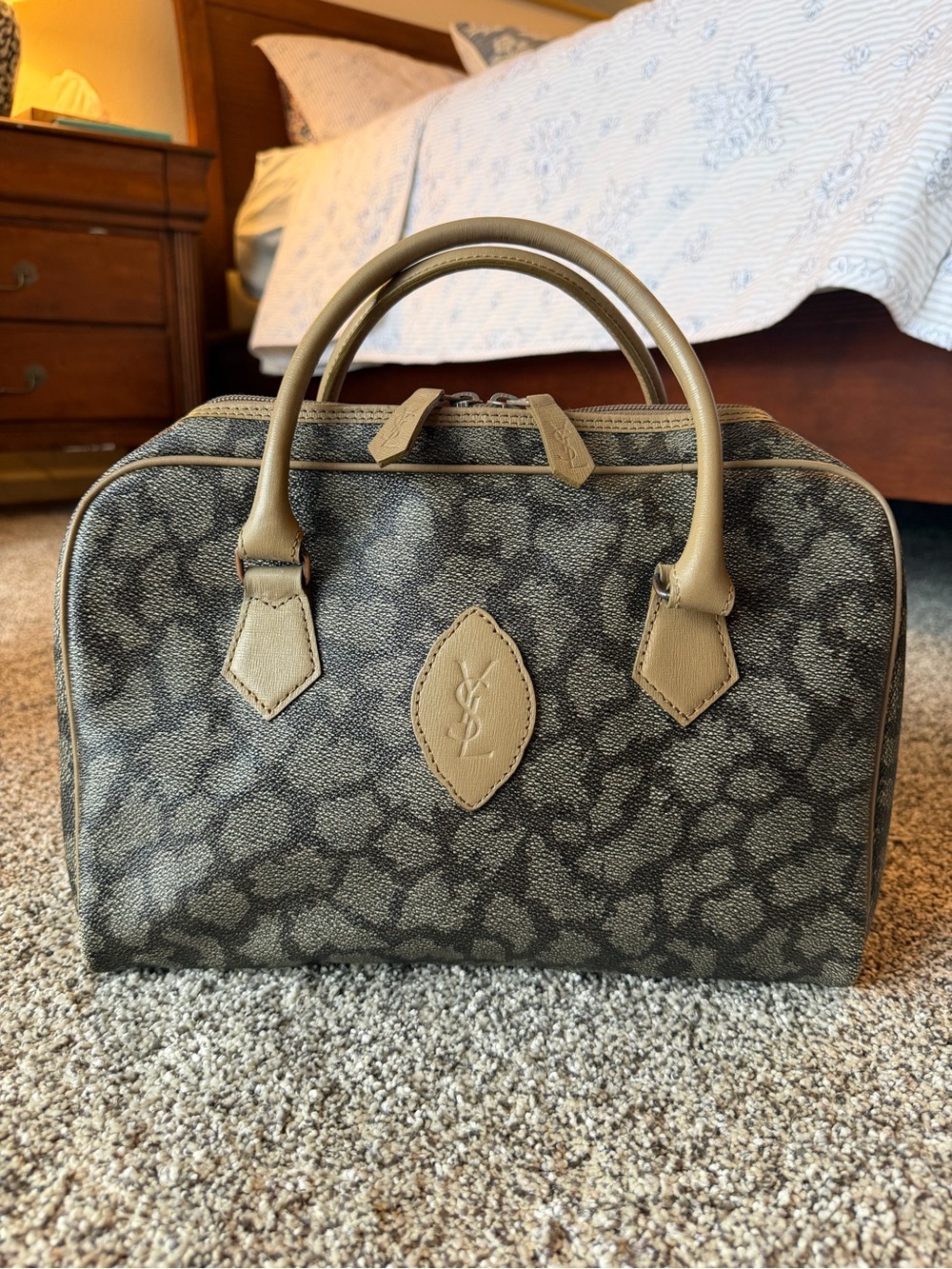 Vintage Yves Saint Laurent Giraffe Patterned Canvas Bowling Satchel Boston Bag